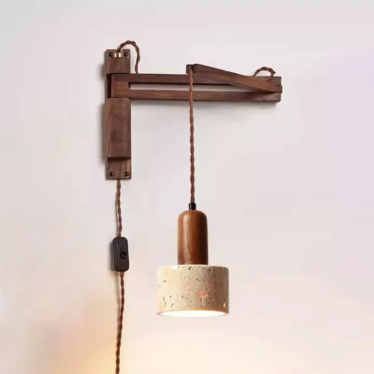 Rustic Stone Shade Adjustable Wooden Swing Arm Wall Light Image - 3