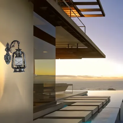 Industrial LED Outdoor Wall Light Metal Black Geometric Lantern Image - 1