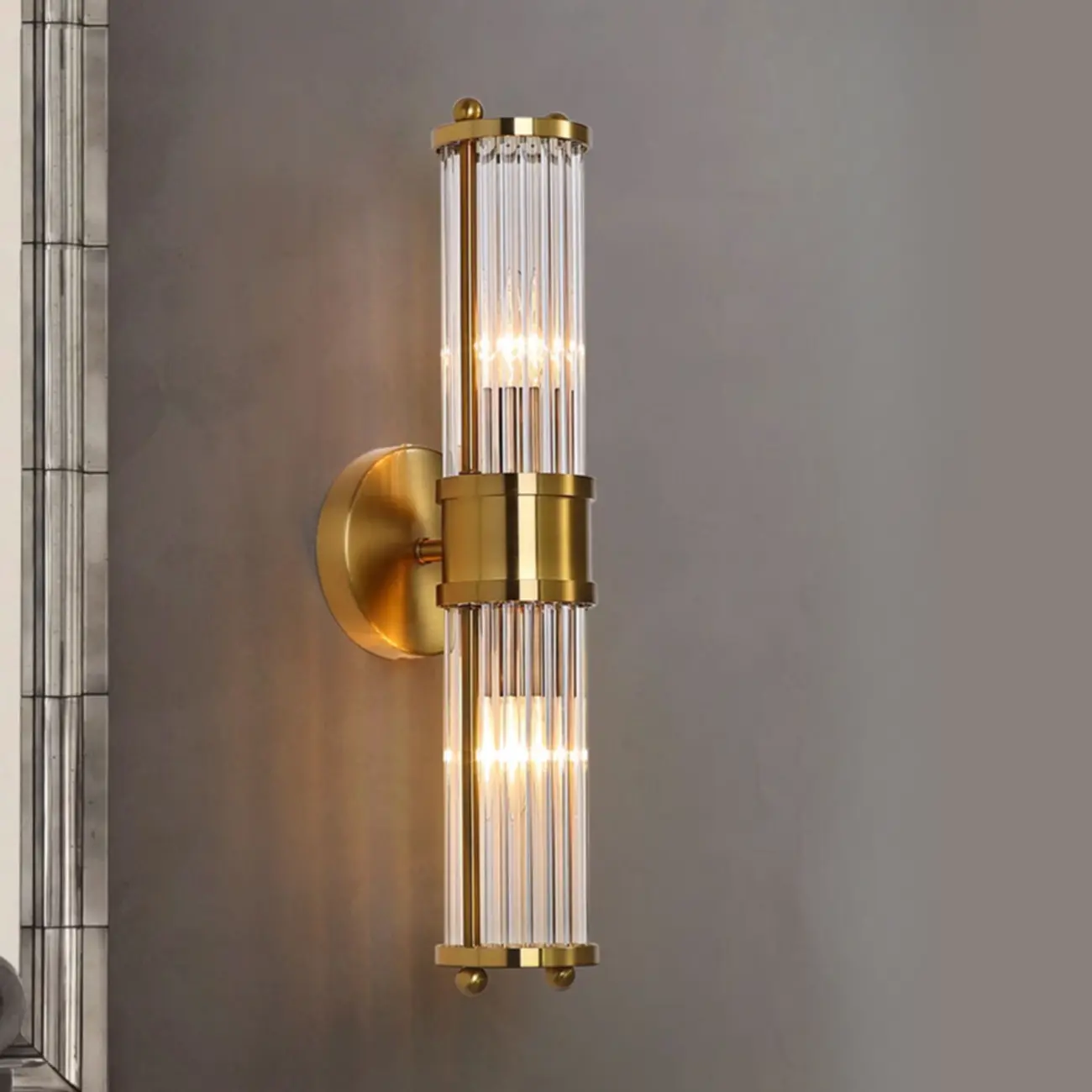 Vertical Brass Glass Cylinder Wall Sconce Image - 1 | homeyfad