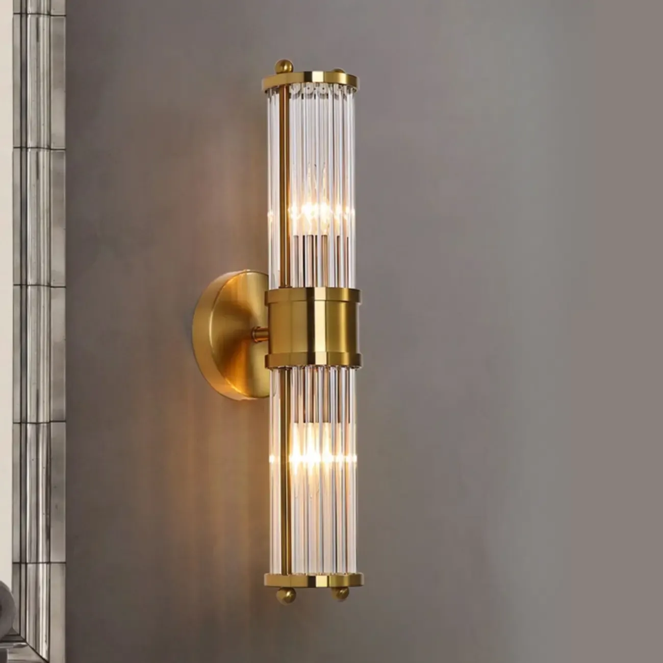 Vertical Brass Glass Cylinder Wall Sconce Image - 1