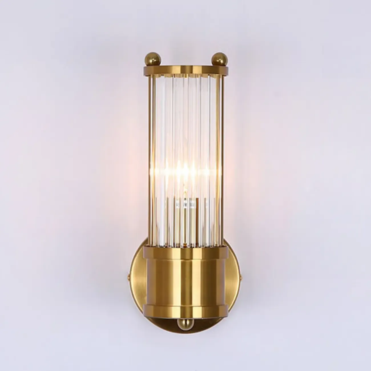 Vertical Brass Glass Cylinder Wall Sconce Image - 2