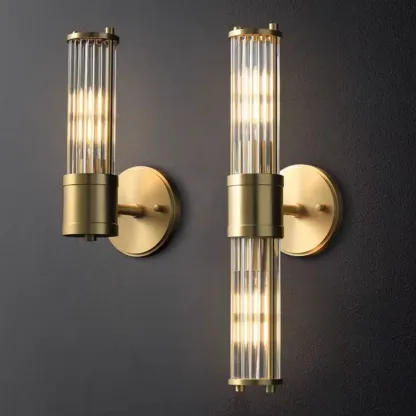 Vertical Brass Glass Cylinder Wall Sconce Image - 5