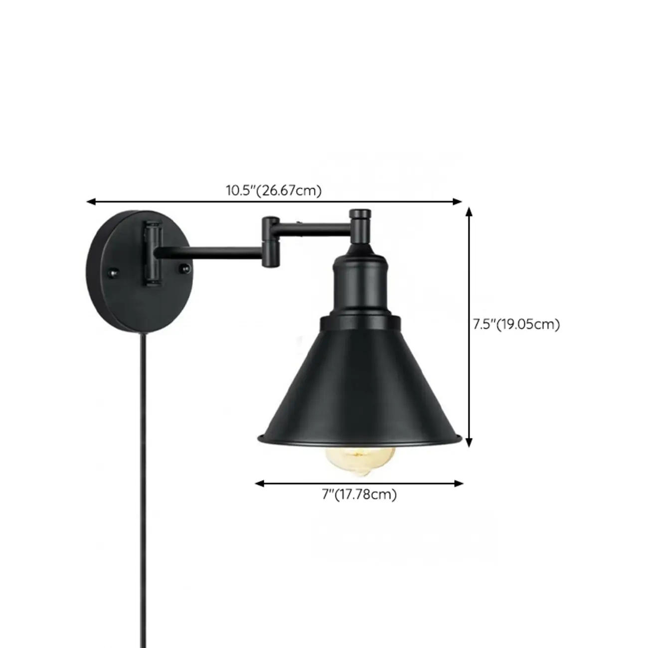 Washroom Stretchable Metal Cone Black Plug-In Vanity Light #size