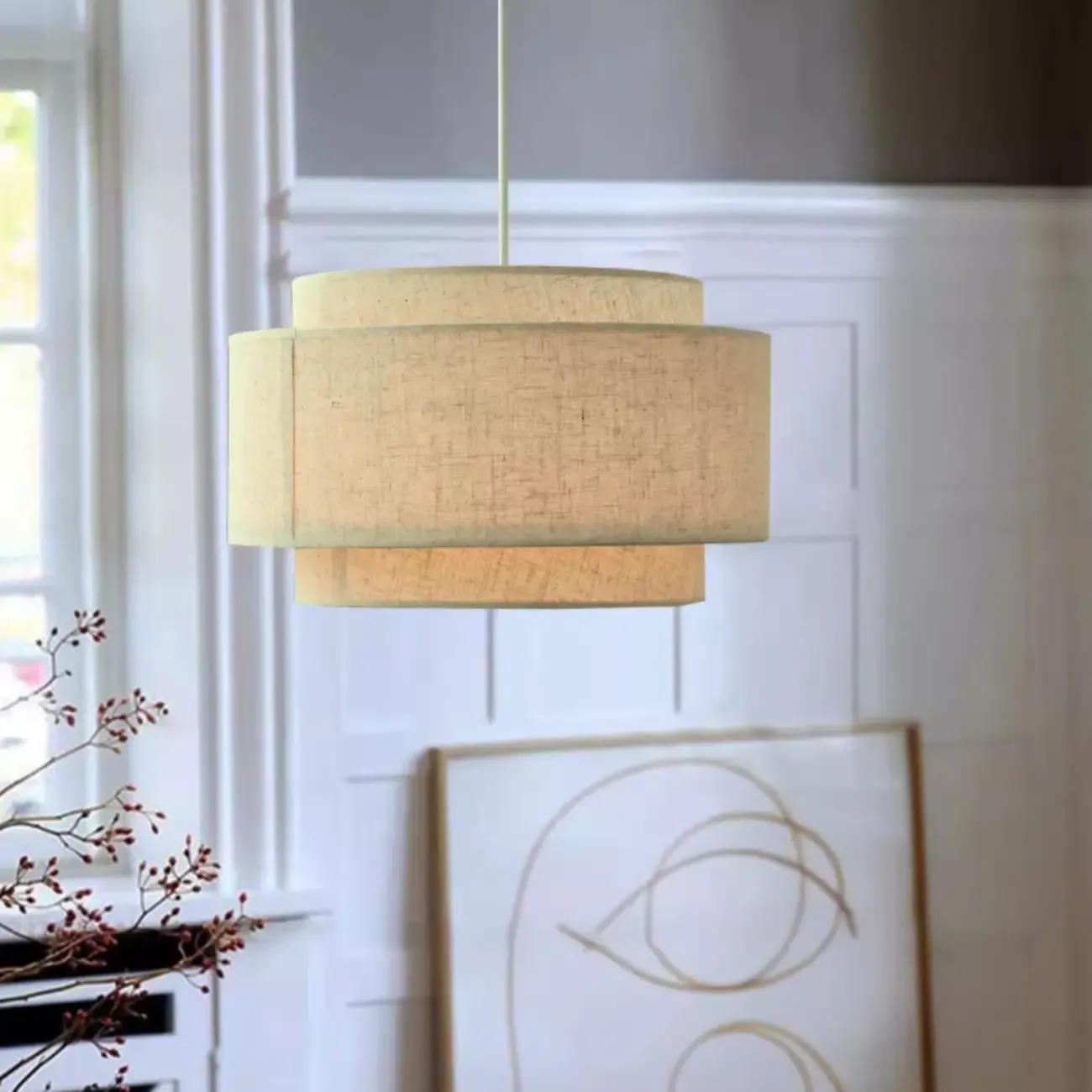 Beige Layered Elegance Fabric Pendant Light for Dining Area Image - 1