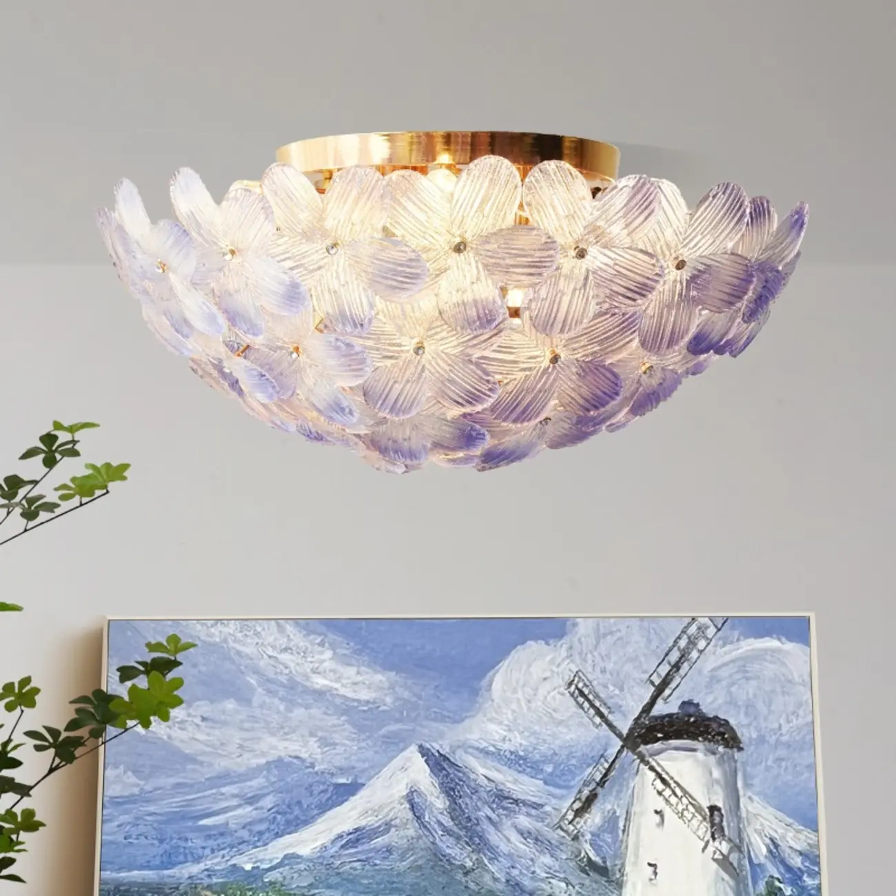 Modern Floral Glass Shade Round Gold Flush Ceiling Light Image - 1 | homeyfad