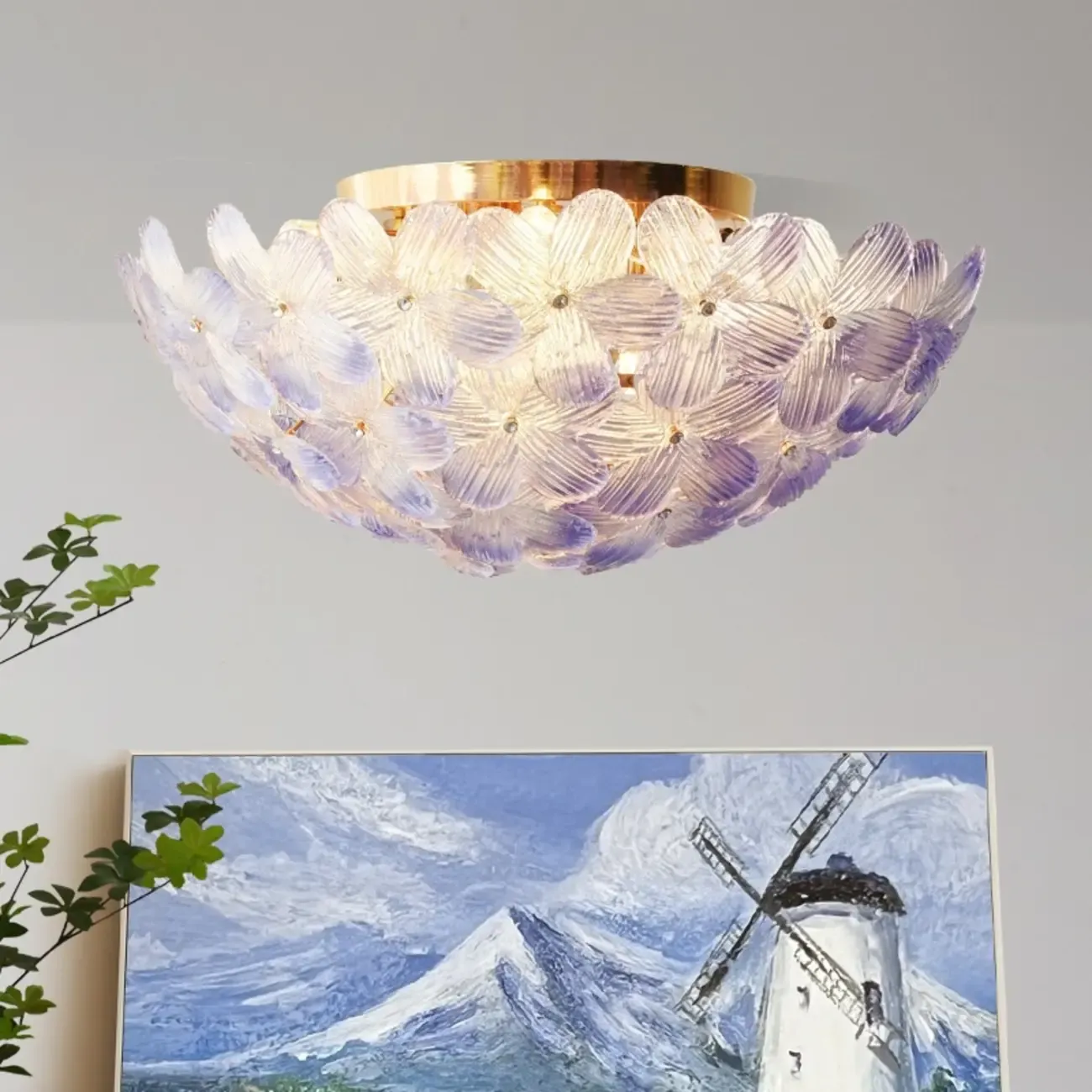 Modern Floral Glass Shade Round Gold Flush Ceiling Light Image - 1