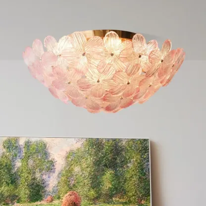 Modern Floral Glass Shade Round Gold Flush Ceiling Light Image - 2