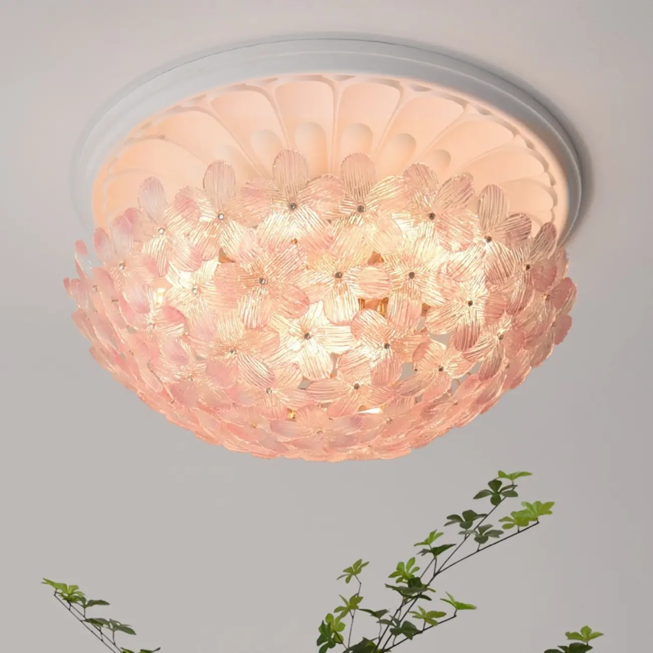 Modern Floral Glass Shade Round Gold Flush Ceiling Light Image - 4 | homeyfad