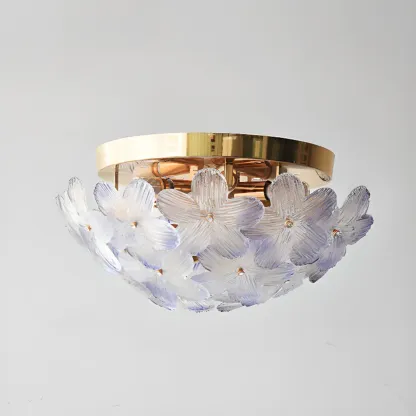 Modern Floral Glass Shade Round Gold Flush Ceiling Light Image - 6
