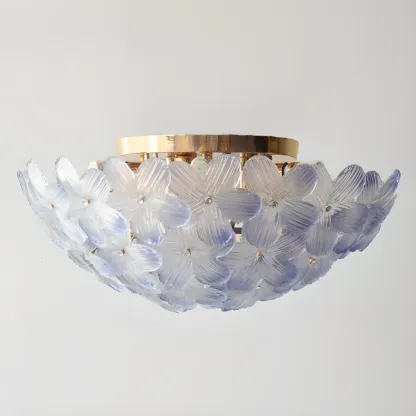 Modern Floral Glass Shade Round Gold Flush Ceiling Light Image - 7