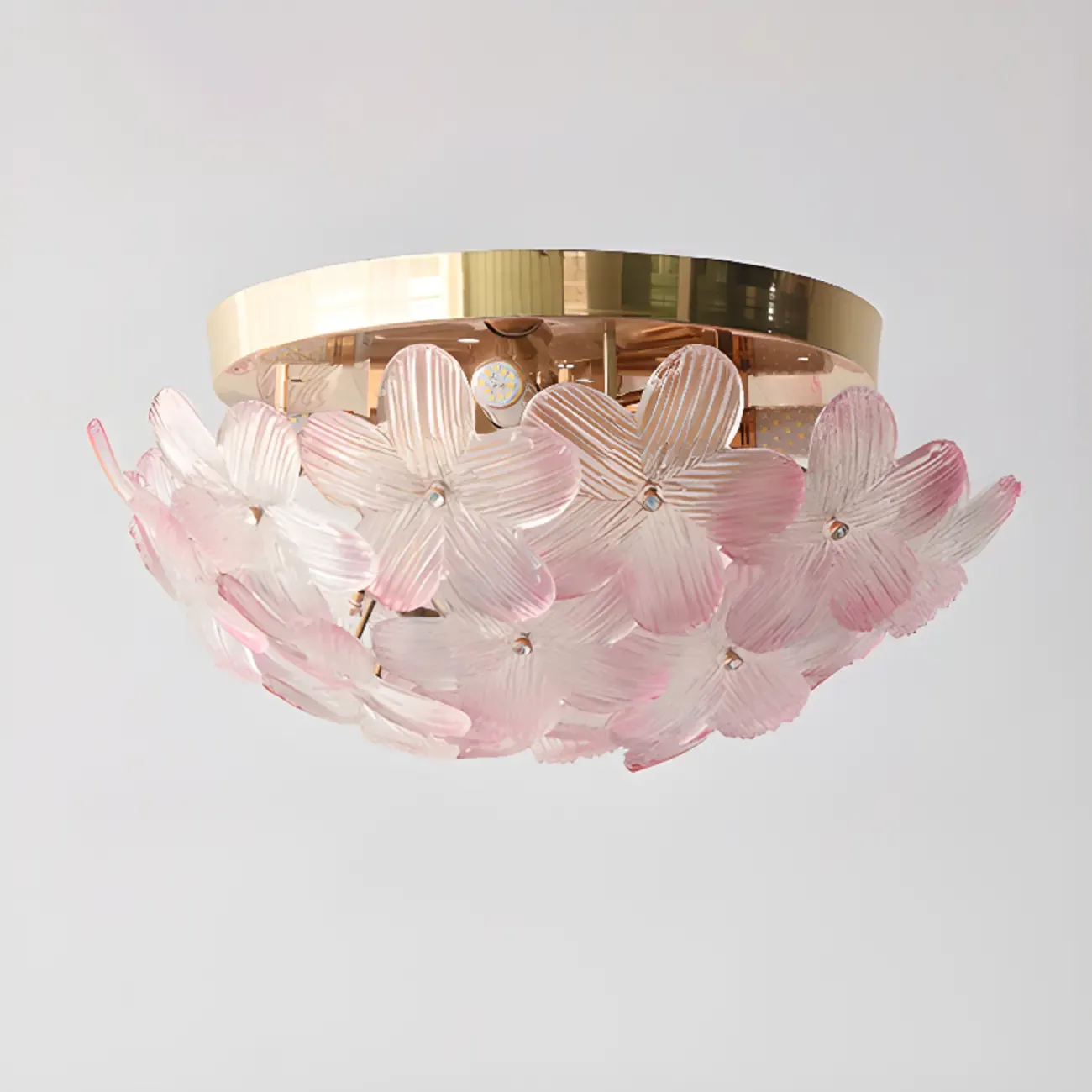 Modern Floral Glass Shade Round Gold Flush Ceiling Light Image - 9