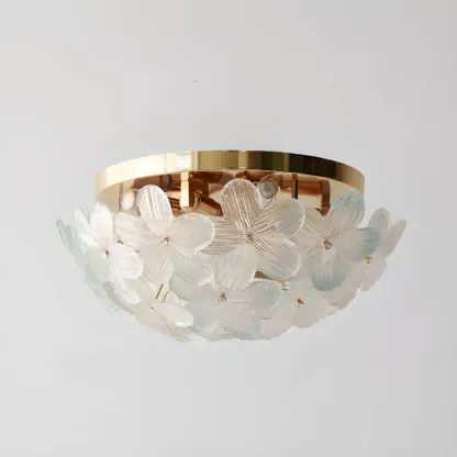 Modern Floral Glass Shade Round Gold Flush Ceiling Light Image - 12