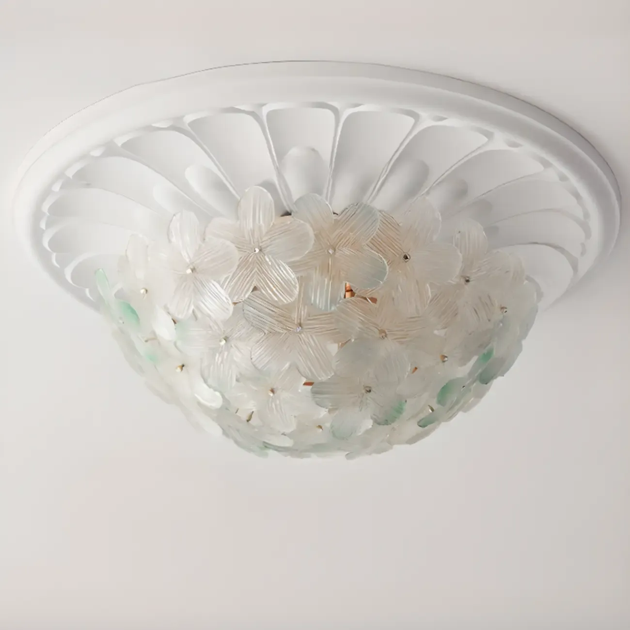 Modern Floral Glass Shade Round Gold Flush Ceiling Light Image - 13