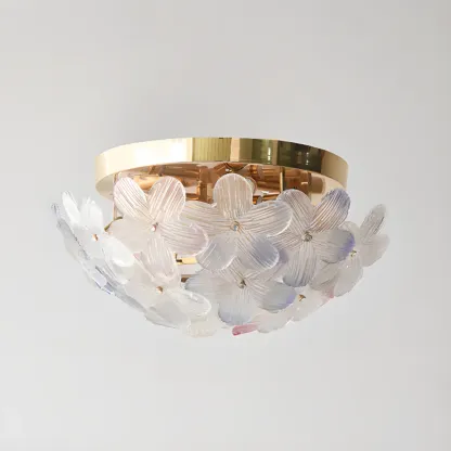 Modern Floral Glass Shade Round Gold Flush Ceiling Light Image - 15