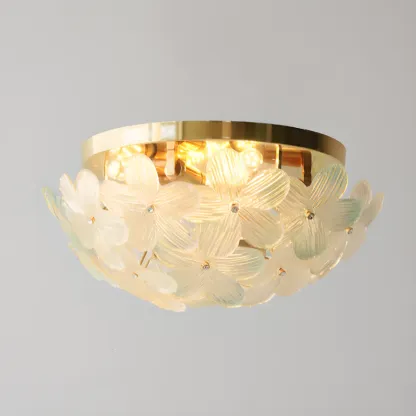 Modern Floral Glass Shade Round Gold Flush Ceiling Light Image - 18