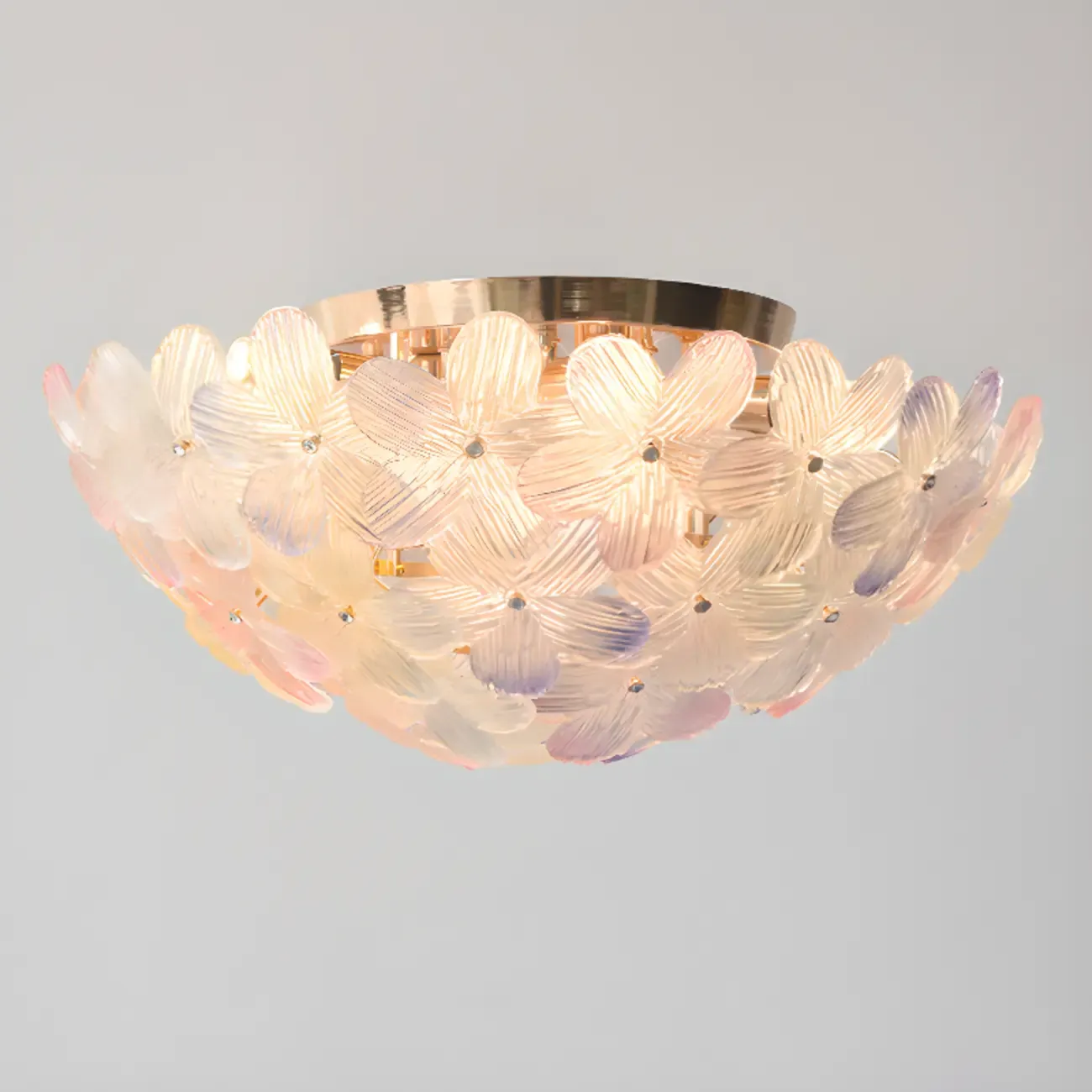 Modern Floral Glass Shade Round Gold Flush Ceiling Light Image - 19