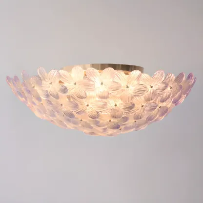 Modern Floral Glass Shade Round Gold Flush Ceiling Light Image - 20