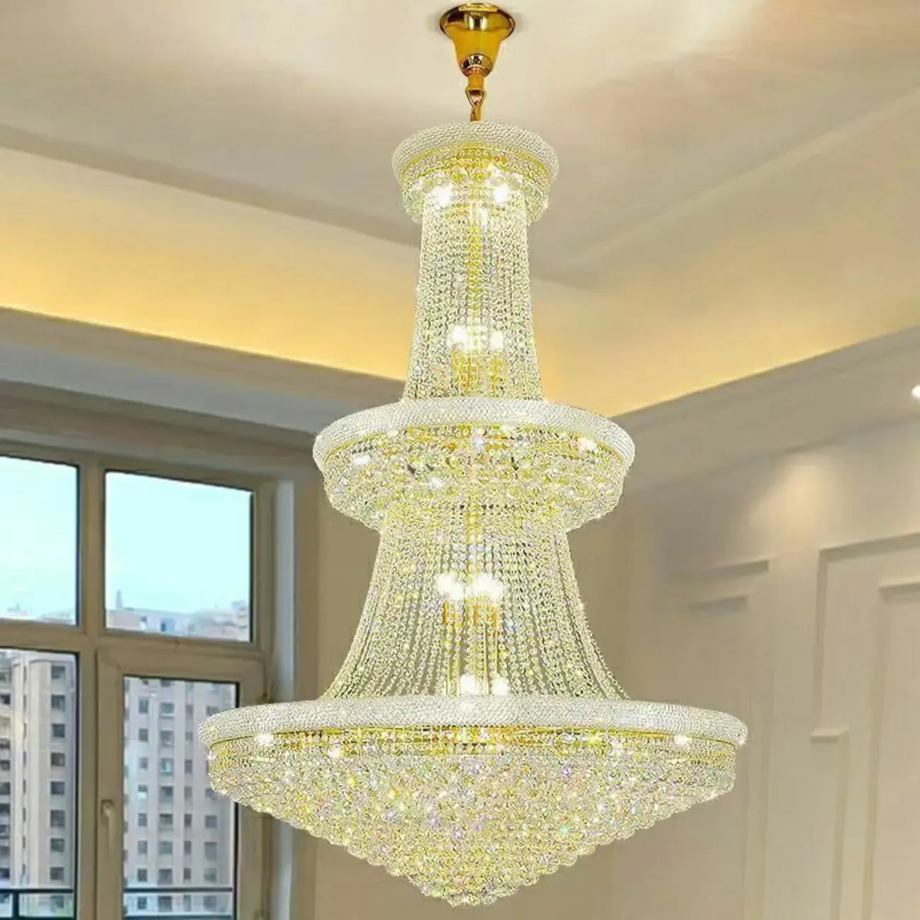 Gold Crystal Cone Glass Crystal Bead Modern Chandelier Image - 2