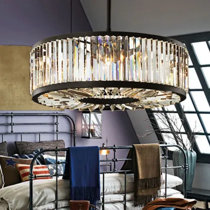 Modern Adjustable Round Black Metal Crystal Drum Chandelier Image - 1