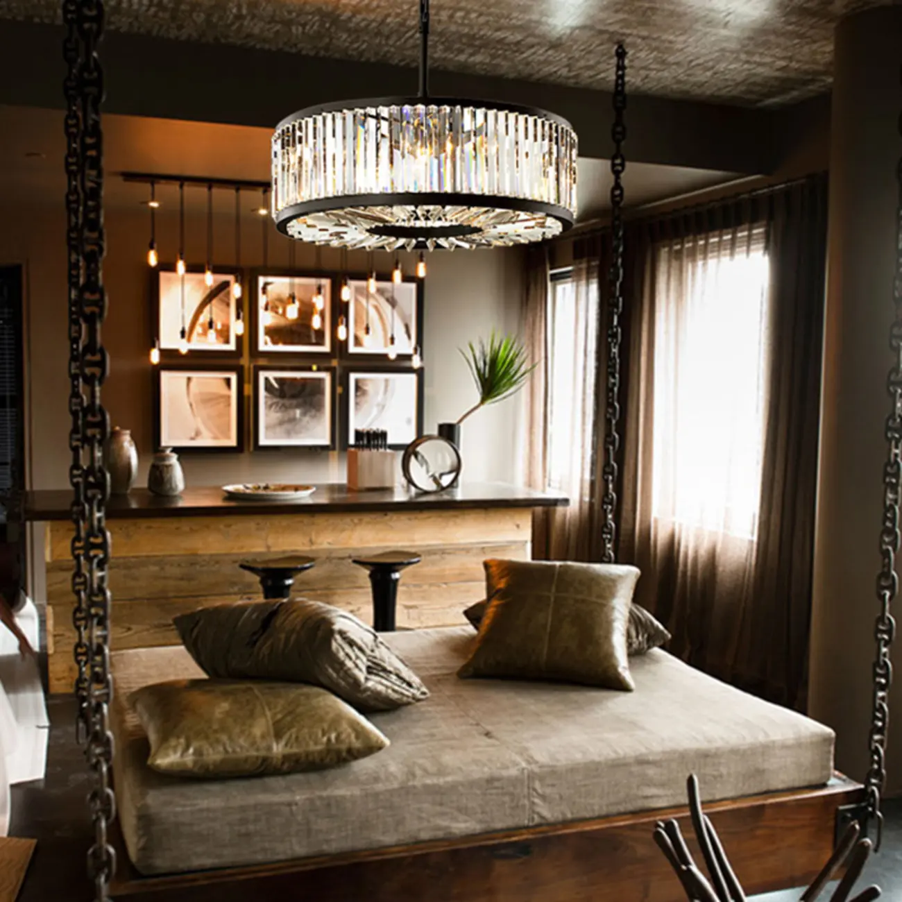 Modern Adjustable Round Black Metal Crystal Drum Chandelier Image - 2 | homeyfad