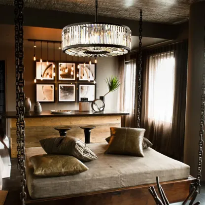 Modern Adjustable Round Black Metal Crystal Drum Chandelier Image - 2