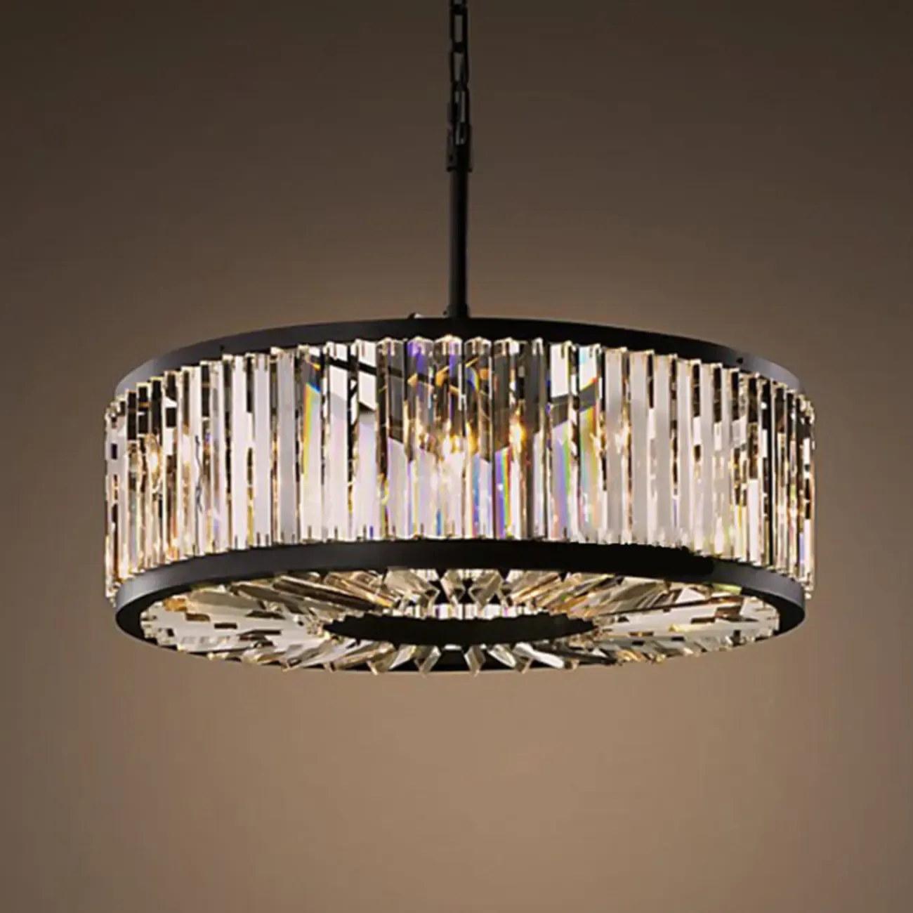 Modern Adjustable Round Black Metal Crystal Drum Chandelier Image - 6