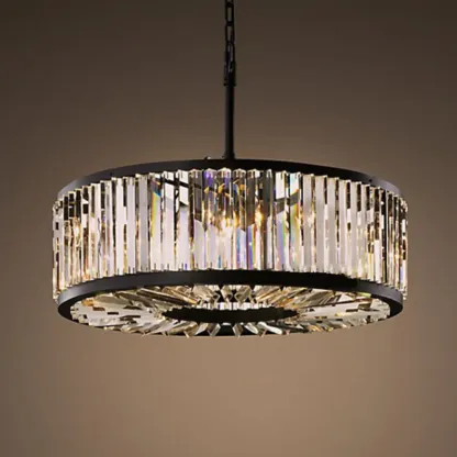 Modern Adjustable Round Black Metal Crystal Drum Chandelier Image - 6