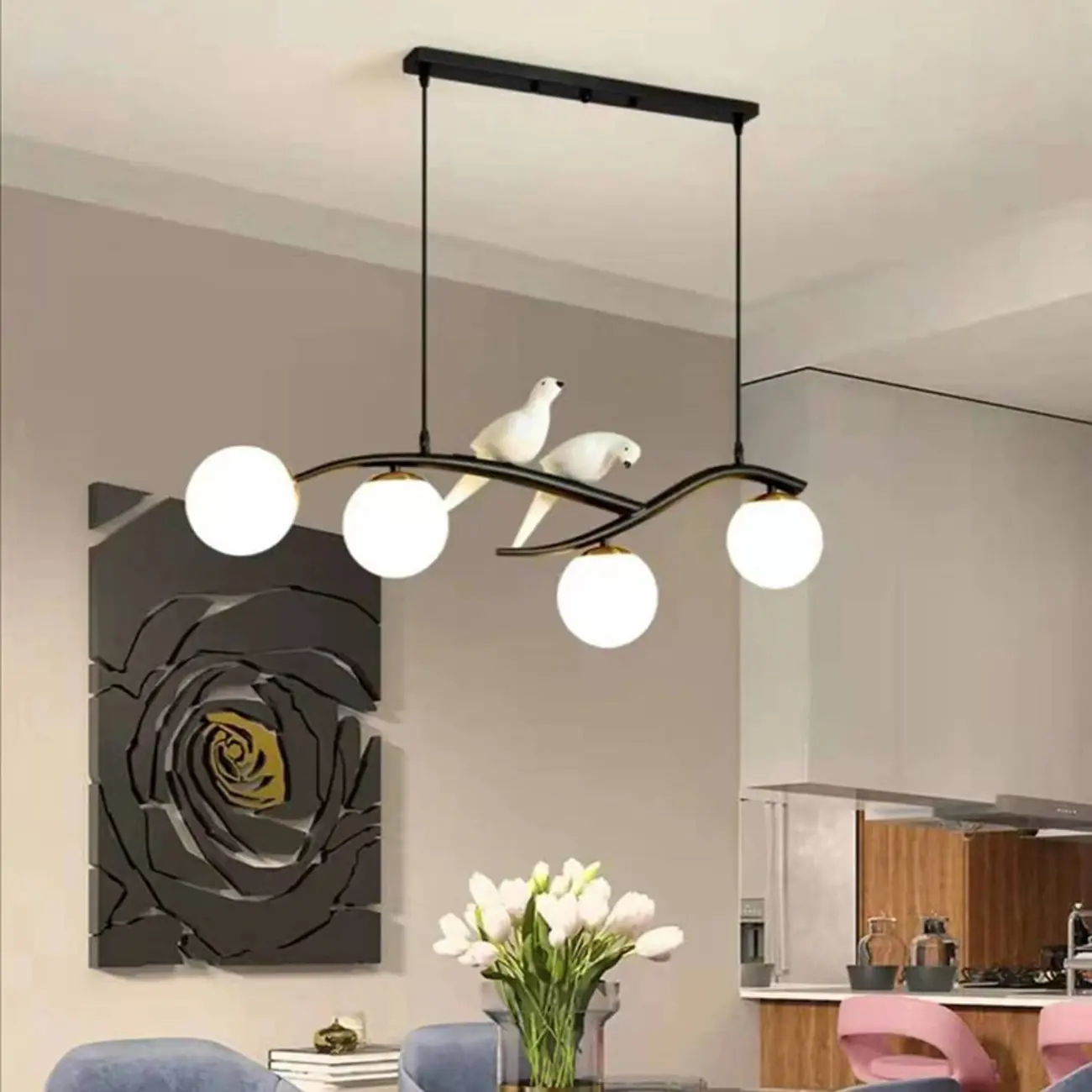 Adjustable Black/Gold 4-Light Pendant Light with Birds Image - 2 | homeyfad