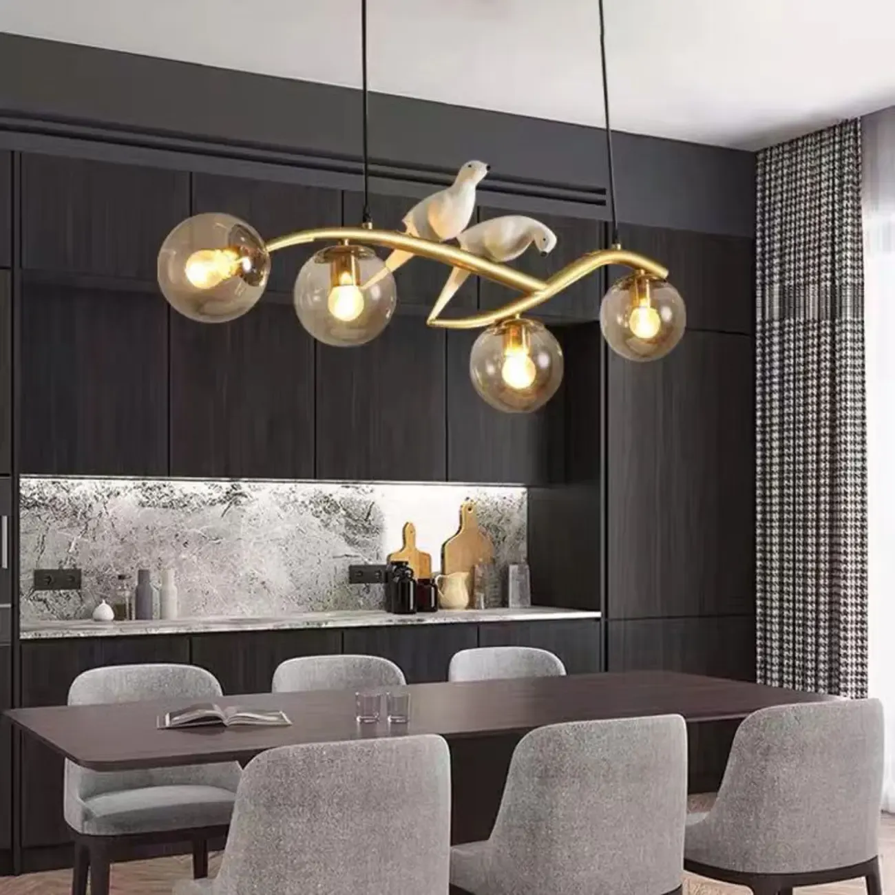 Adjustable Black/Gold 4-Light Pendant Light with Birds Image - 3