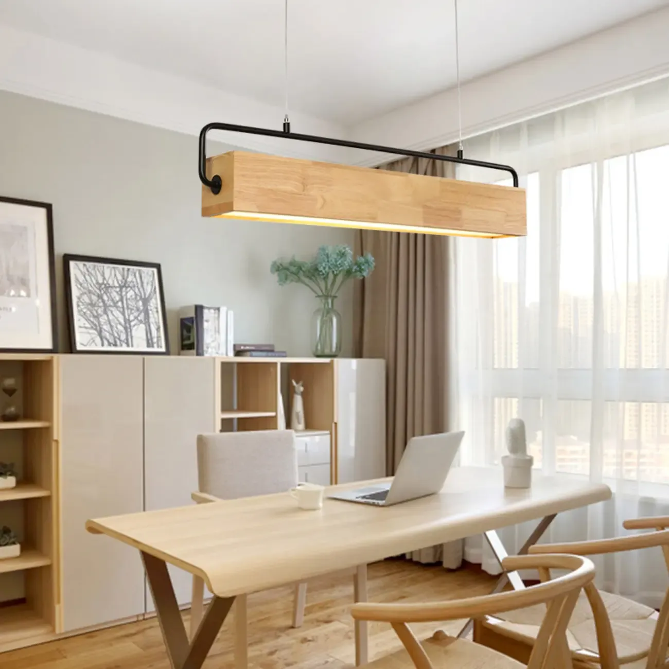 Modern Wood Rectangular LED Kitchen Island Pendant Light Image - 3