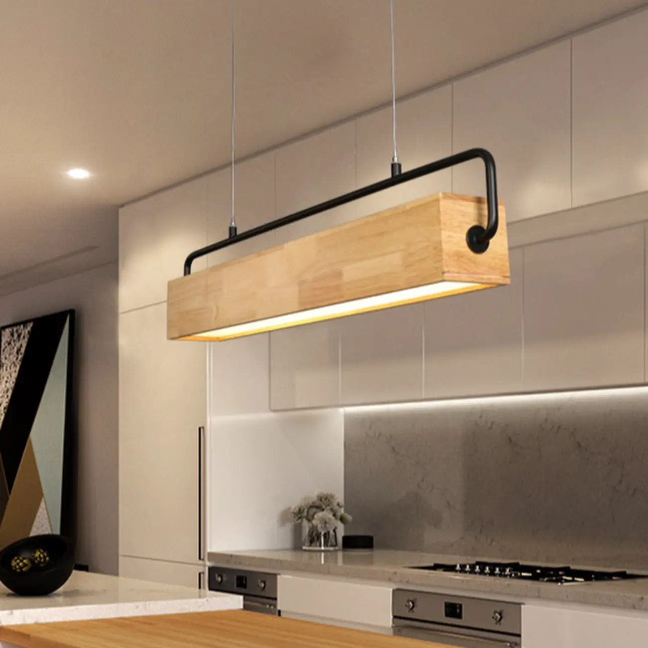 Modern Wood Rectangular LED Kitchen Island Pendant Light Image - 2 | homeyfad