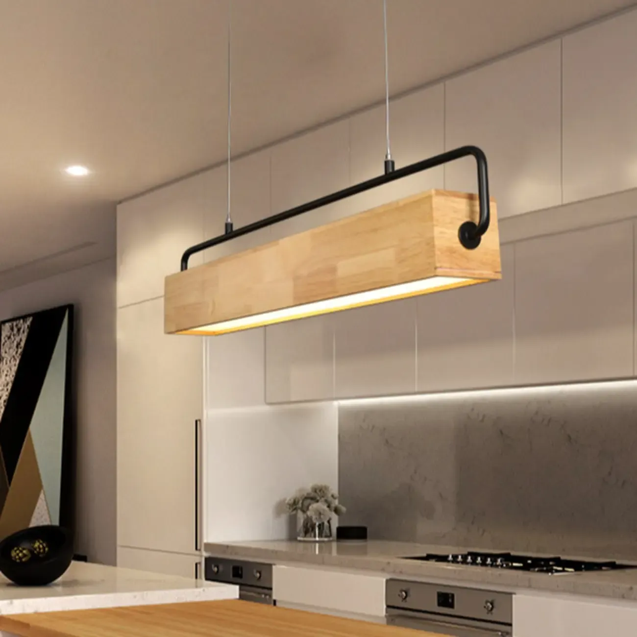 Modern Wood Rectangular LED Kitchen Island Pendant Light Image - 2