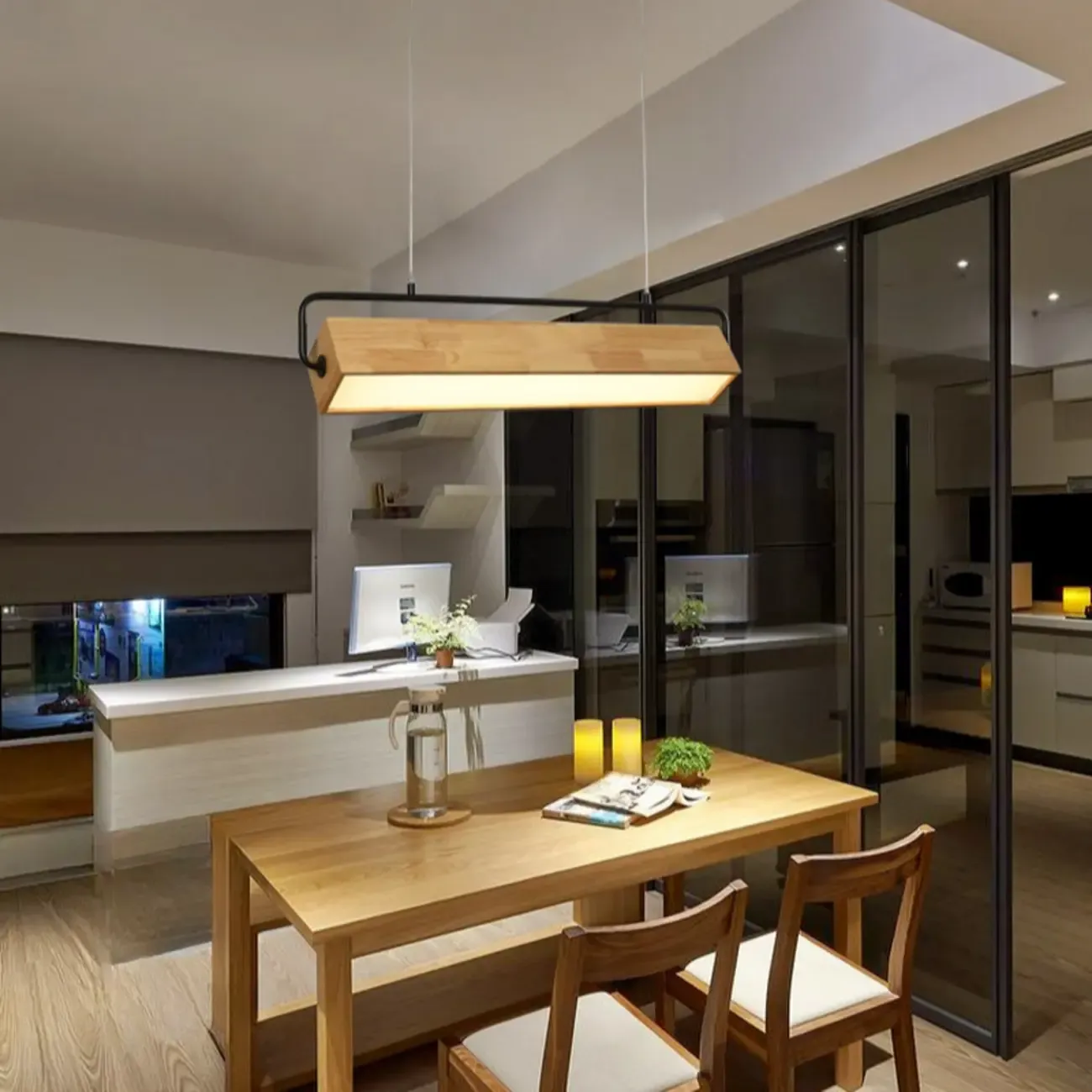 Modern Wood Rectangular LED Kitchen Island Pendant Light Image - 4
