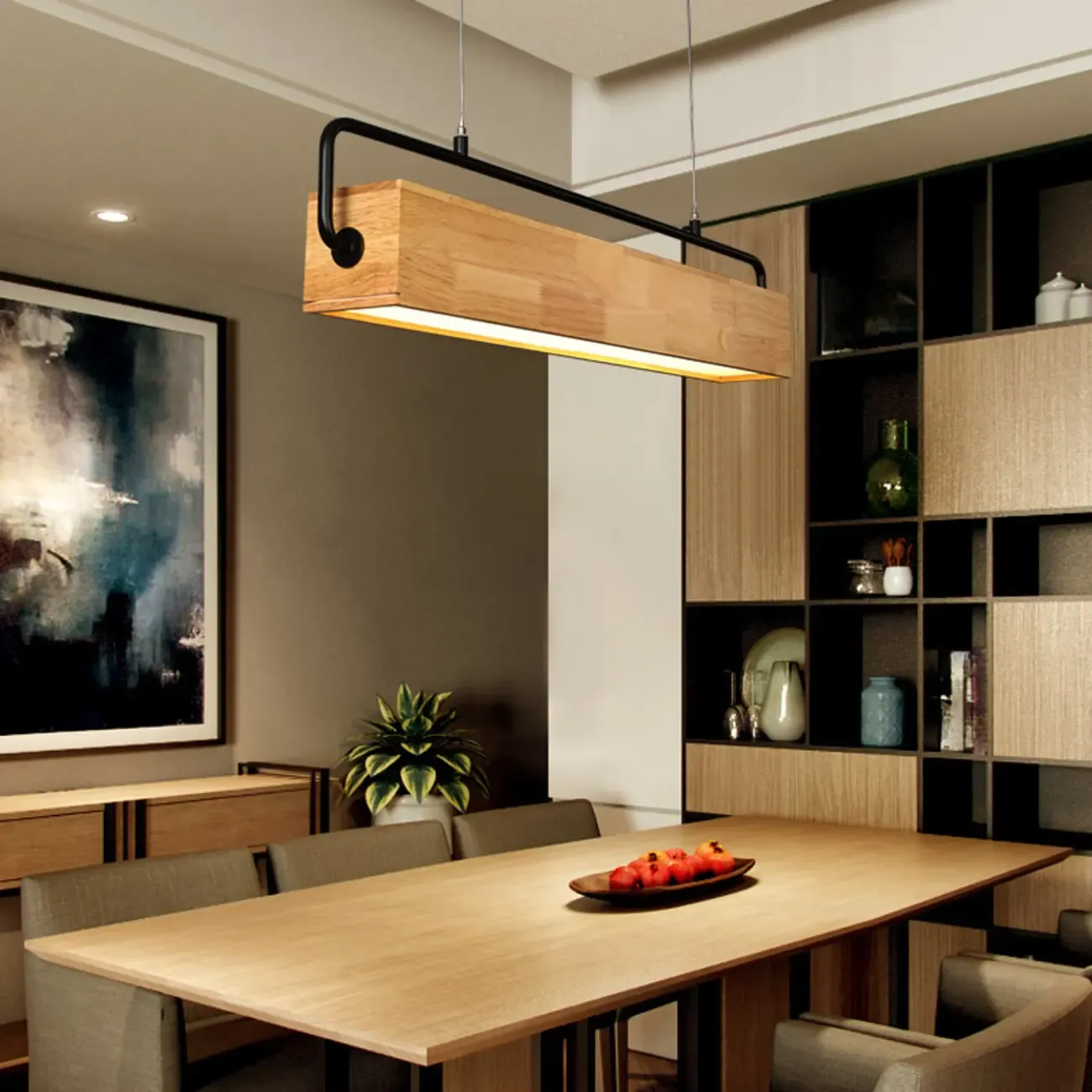 Modern Wood Rectangular LED Kitchen Island Pendant Light Image - 1