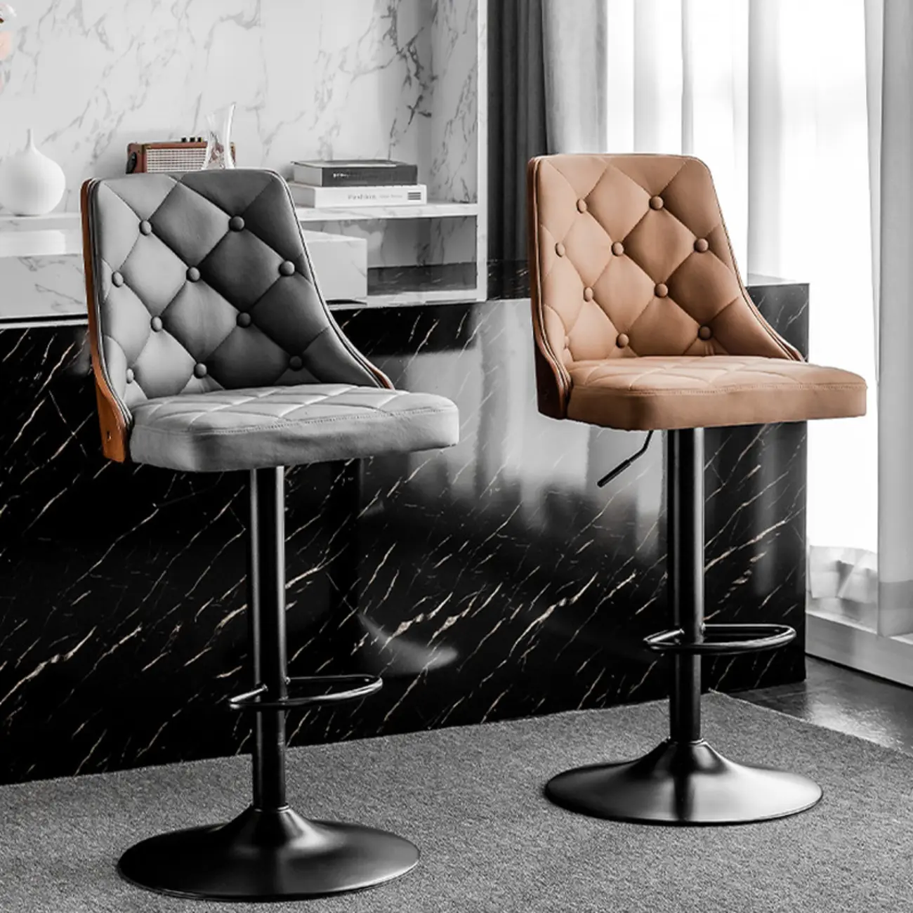 Modern Adjustable Full Back Tufted Leather Bar Stool Image - 1 | homeyfad