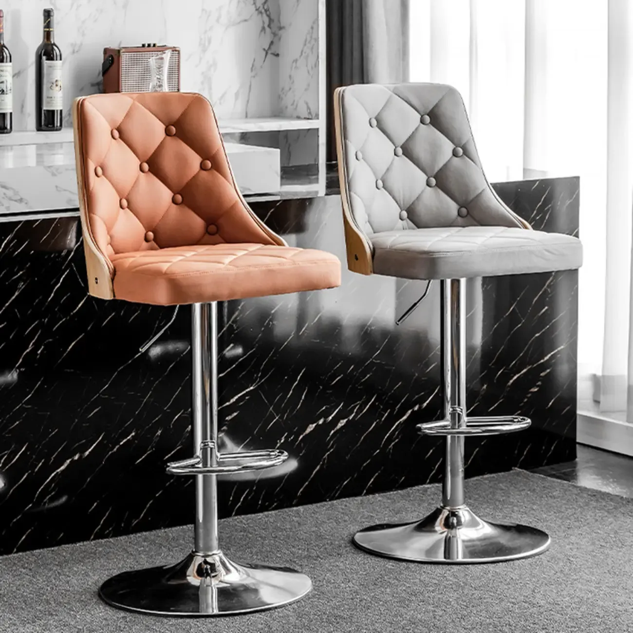 Modern Adjustable Full Back Tufted Leather Bar Stool Image - 2