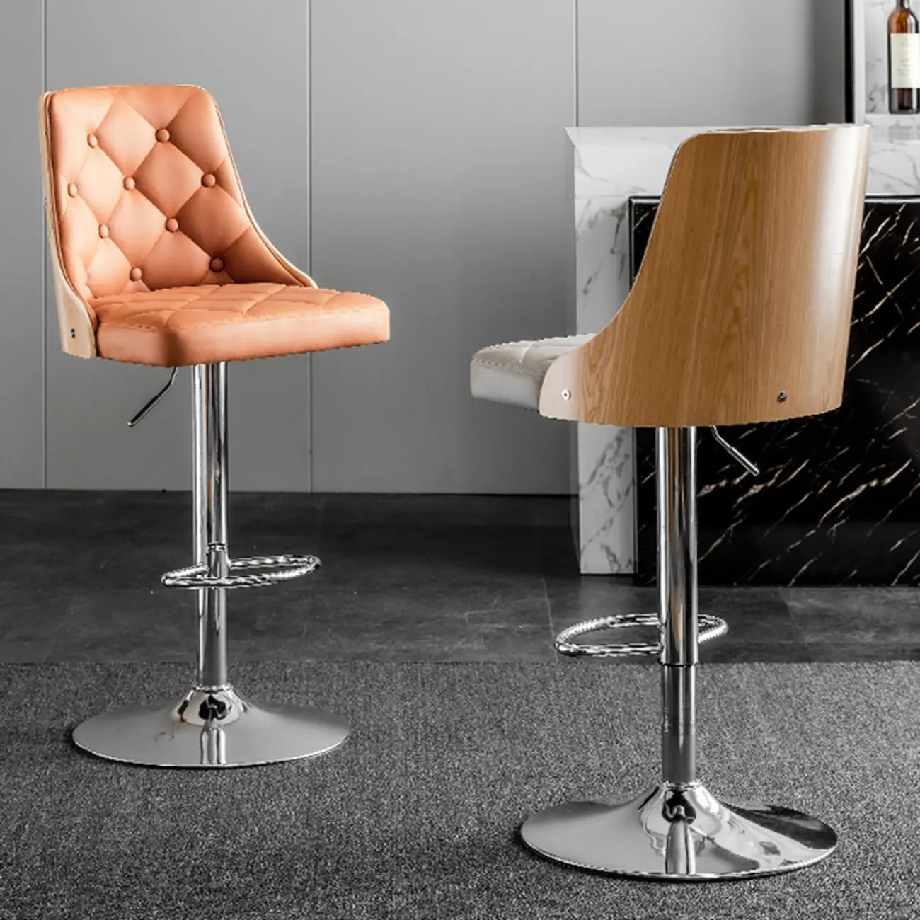 Modern Adjustable Full Back Tufted Leather Bar Stool Image - 3 | homeyfad