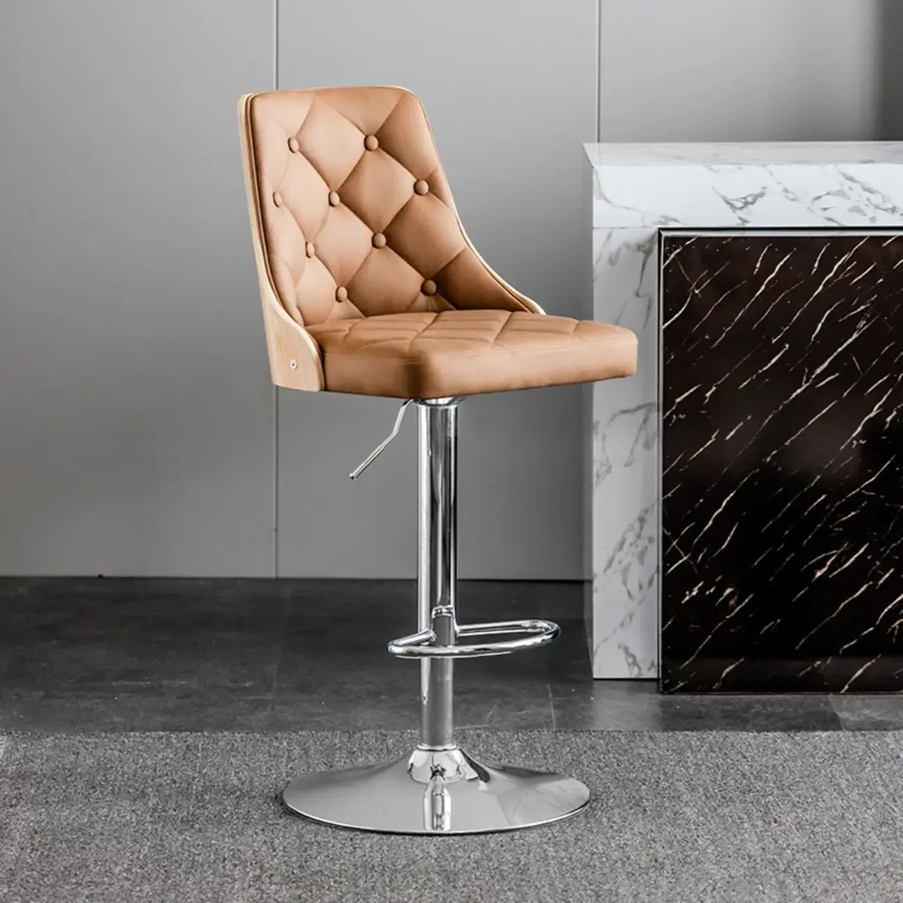 Modern Adjustable Full Back Tufted Leather Bar Stool Image - 17