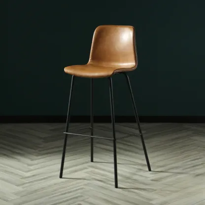 Industrial Metal Frame Leather Bar Stool with Footrest Image - 8