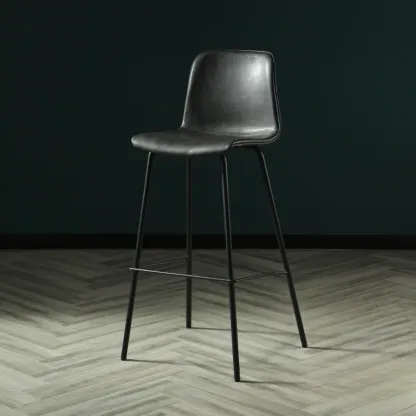 Industrial Metal Frame Leather Bar Stool with Footrest Image - 9