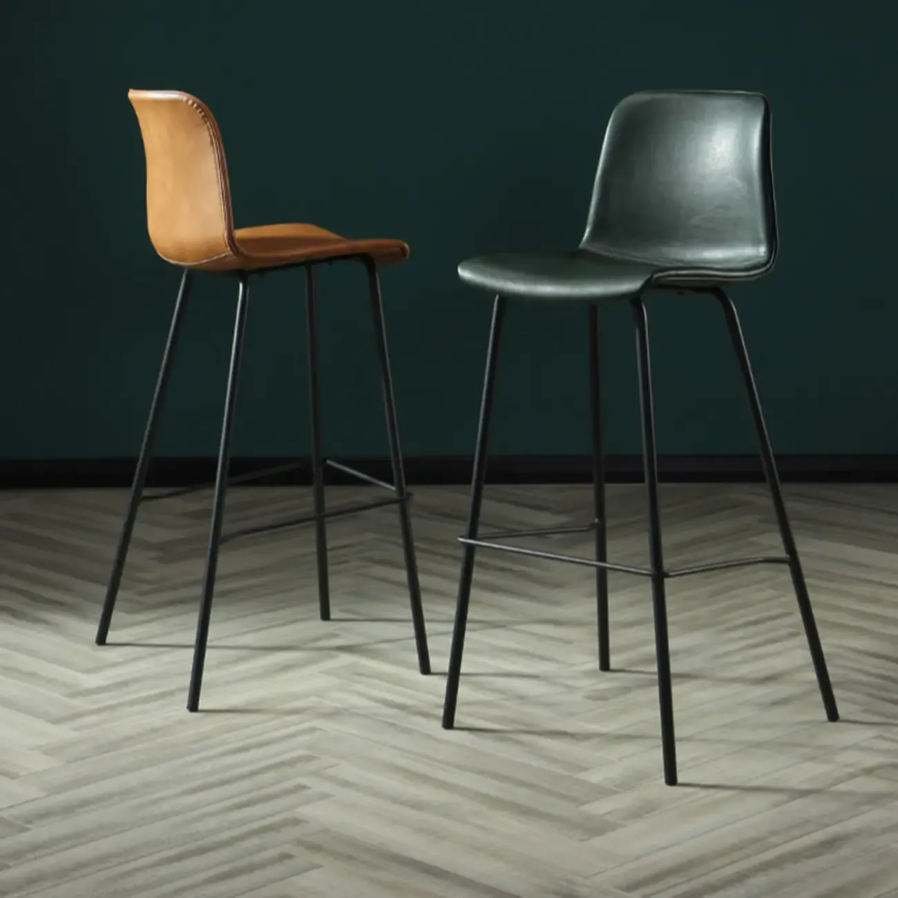 Industrial Metal Frame Leather Bar Stool with Footrest Image - 3