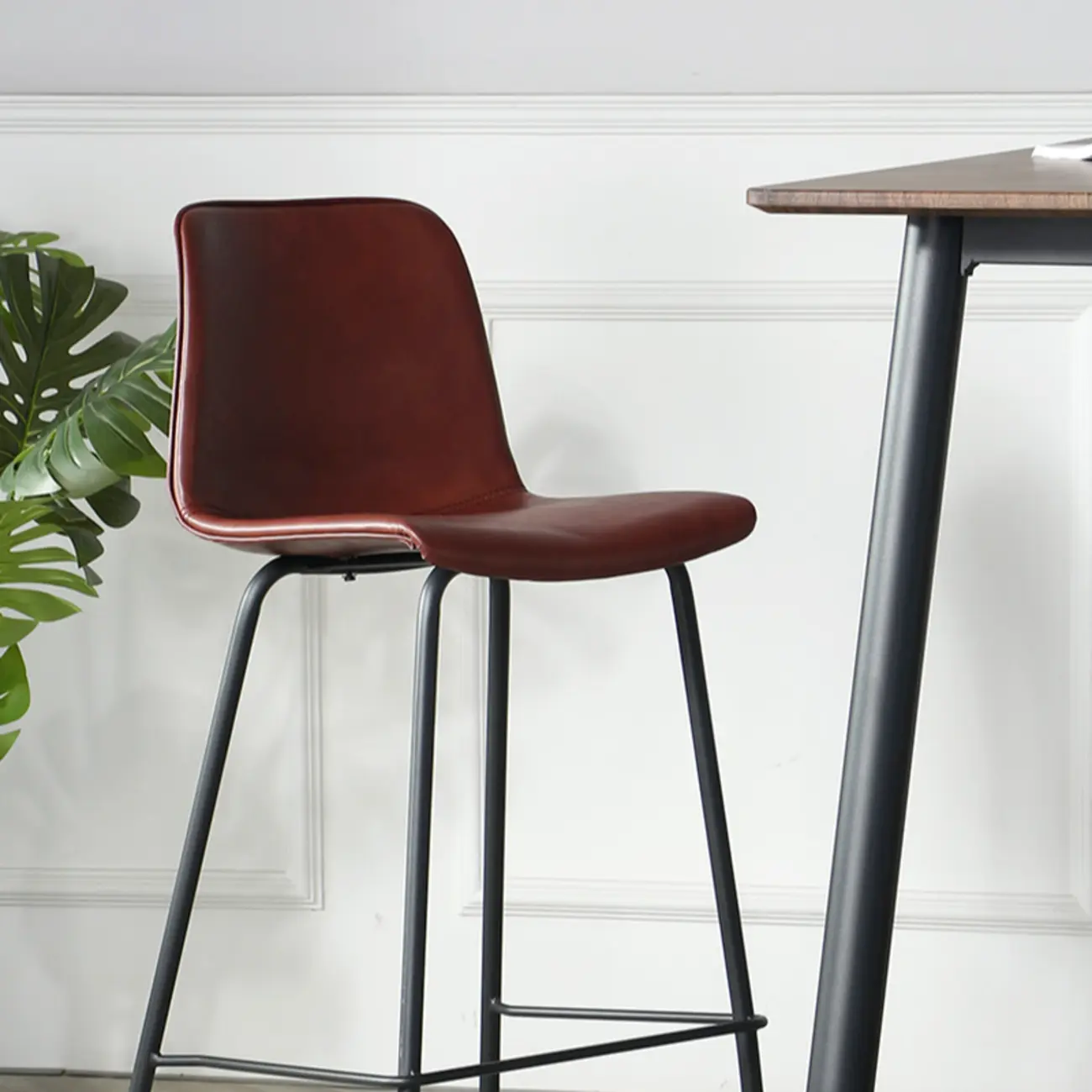 Industrial Metal Frame Leather Bar Stool with Footrest Image - 13 | homeyfad