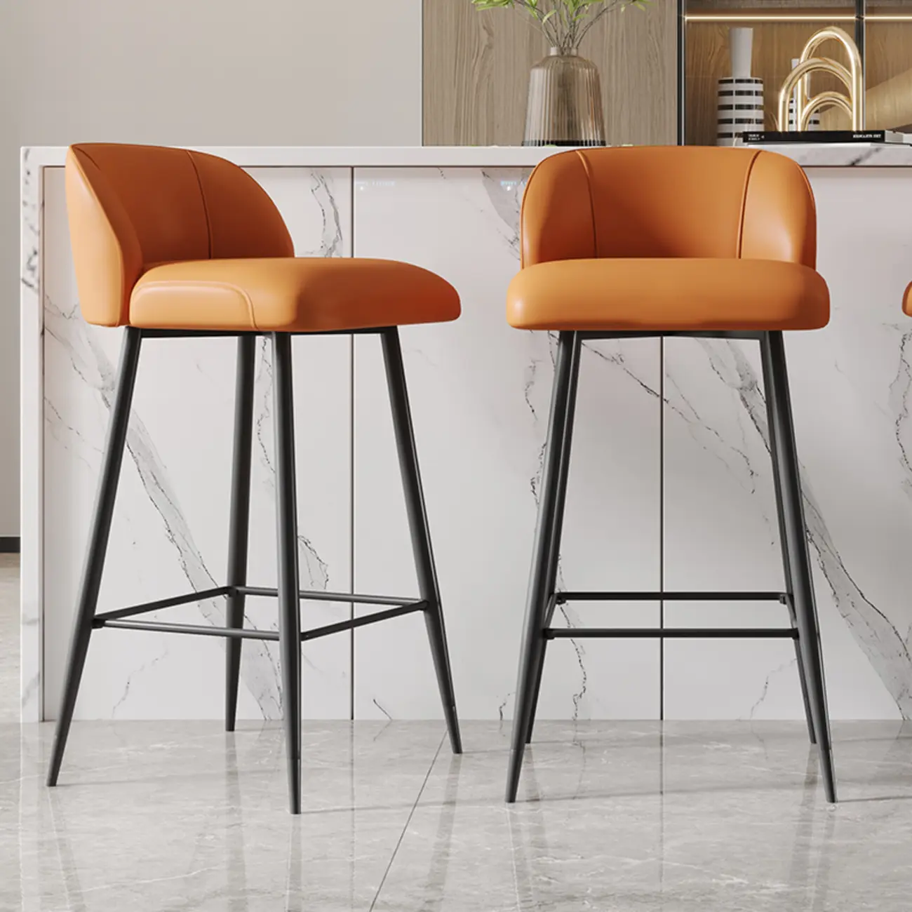 Orange Leather Footrest Low Back Upholstered Bar Stool Image - 1 | homeyfad