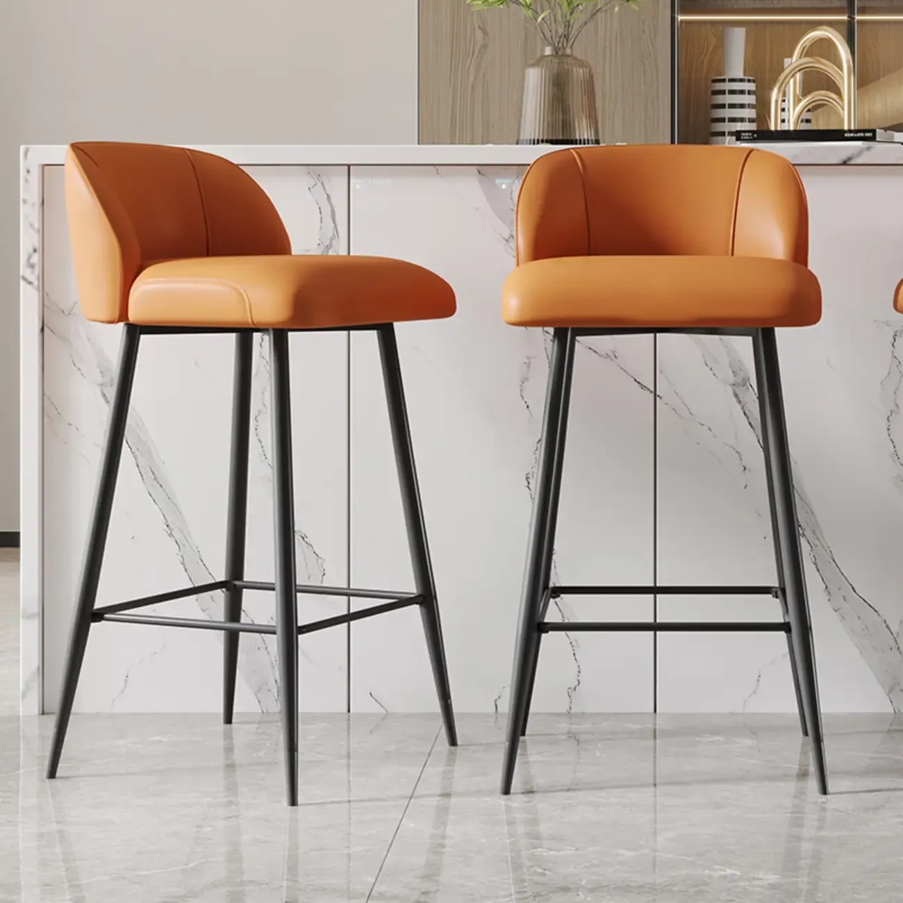 Orange Leather Footrest Low Back Upholstered Bar Stool Image - 1
