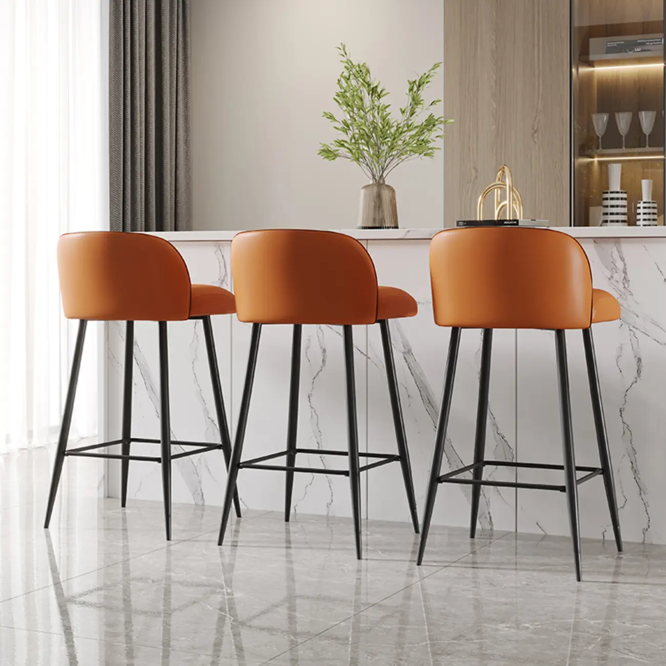 Orange Leather Footrest Low Back Upholstered Bar Stool Image - 4 | homeyfad