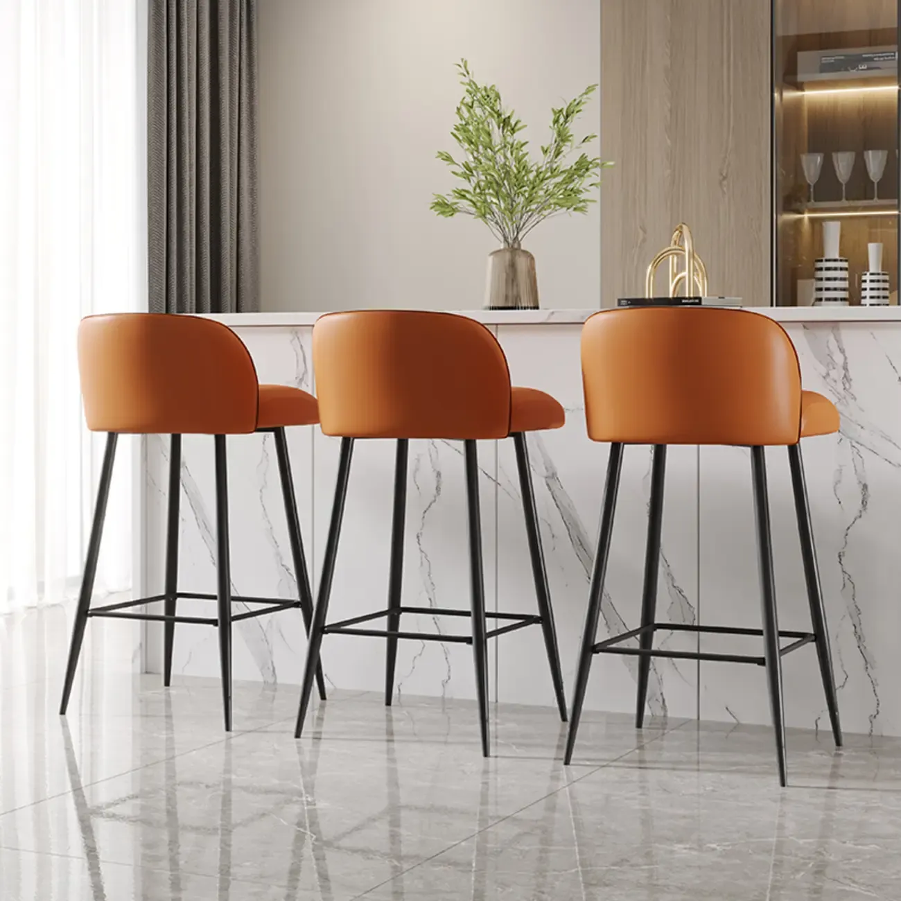 Orange Leather Footrest Low Back Upholstered Bar Stool Image - 4