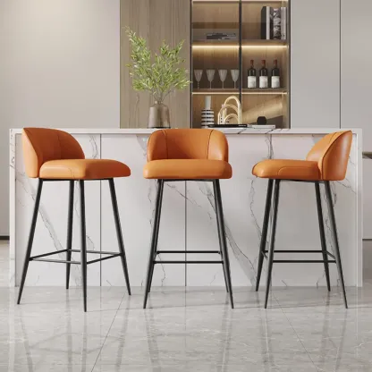 Orange Leather Footrest Low Back Upholstered Bar Stool Image - 3