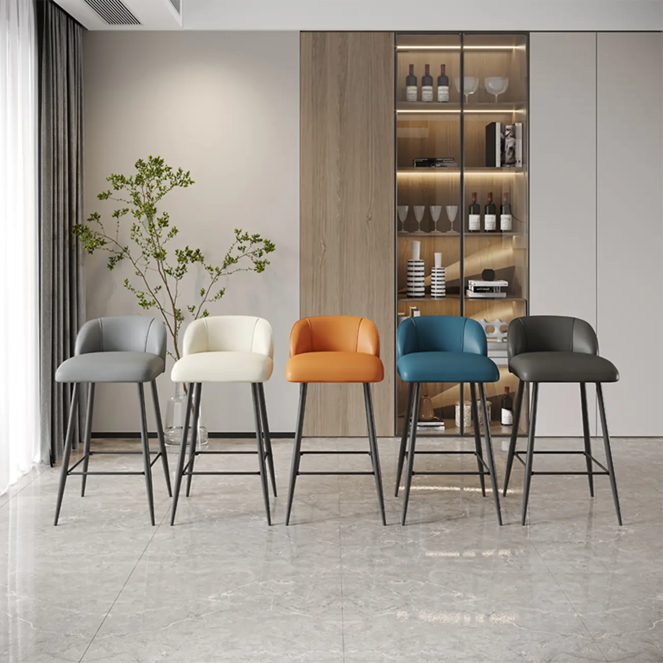 Orange Leather Footrest Low Back Upholstered Bar Stool Image - 2 | homeyfad