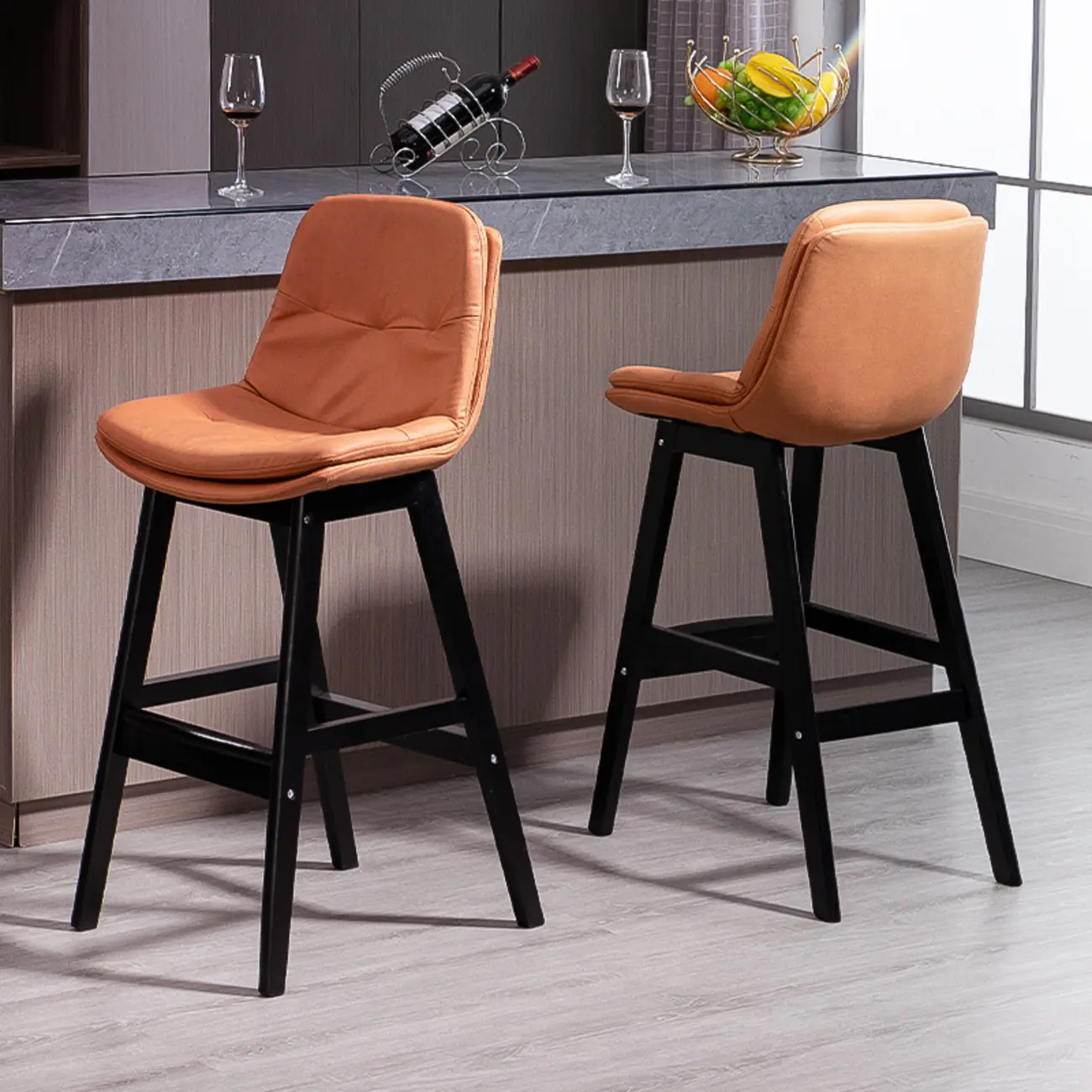 Scandinavian Wood Frame Leather Ergonomic Bucket Bar Stool Image - 1 | homeyfad