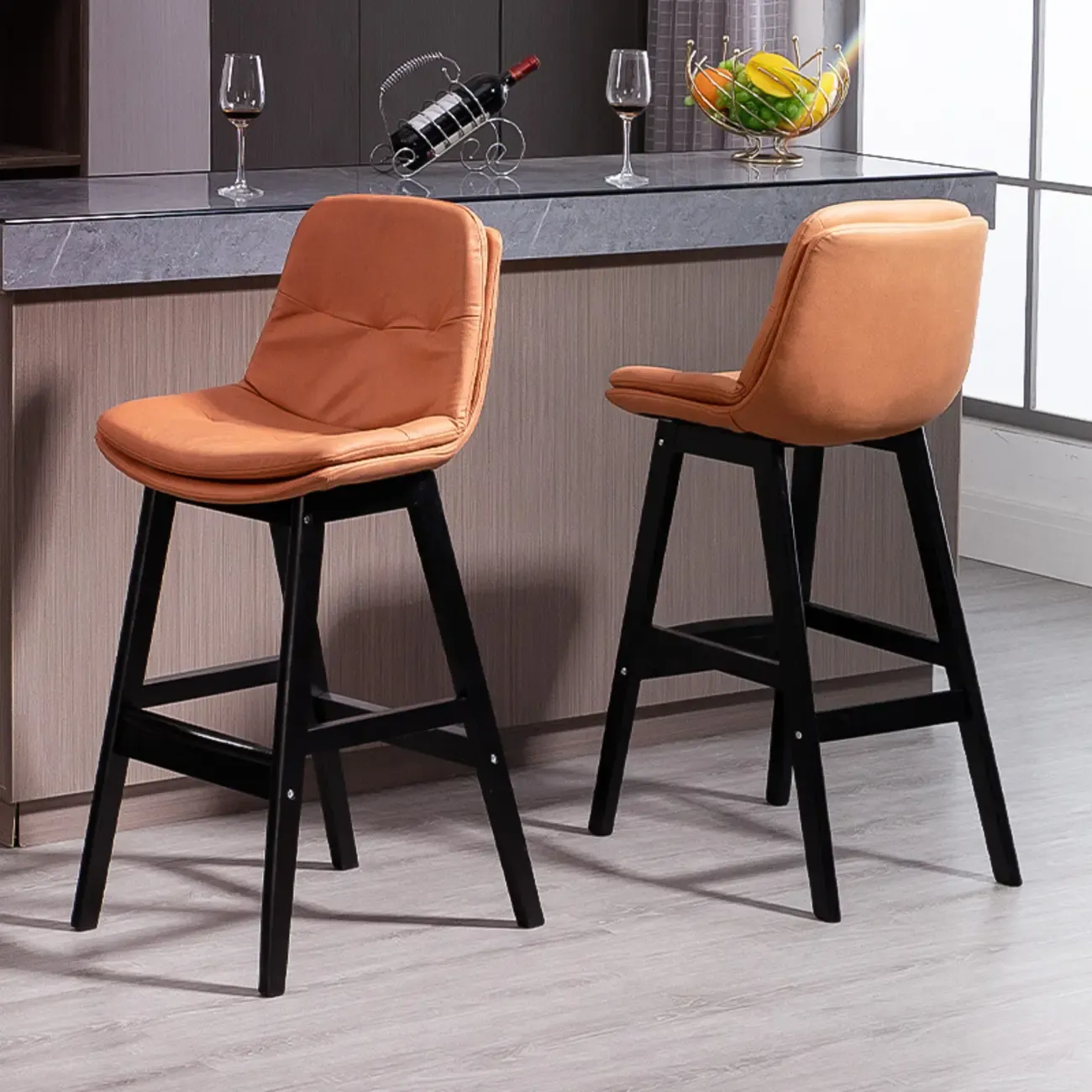 Scandinavian Wood Frame Leather Ergonomic Bucket Bar Stool Image - 1